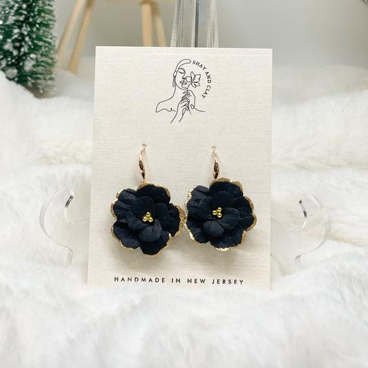 Black and Gold Flower Earring with Gold Hooks